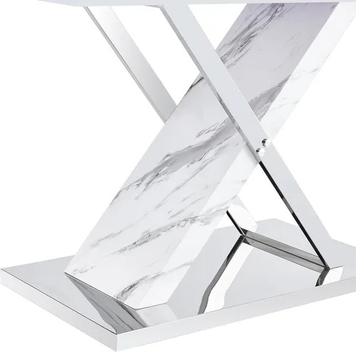 Miniatura 4 de Juego de mesa de comedor de mármol para mesa rectangular blanca de 4.63 pulgadas con marco de metal plateado en forma de X y 4 sillas de comedor