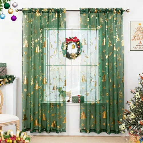Miniatura 14 de Cortinas traslúcidas de Navidad para sala de estar, cortinas transparentes con estampado de copos de nieve de lujo, cortinas con bolsillo