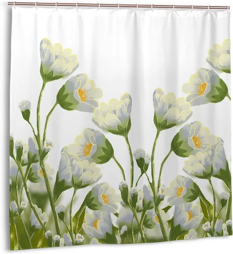 Cortina de ducha de tela impermeable con diseño de margaritas blancas y flores blancas para baño, decoración bohemia de baño con 12 ganchos (36 x 72