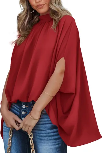 Miniatura 18 de BTFBM Blusas de verano para mujer, cuello alto falso, manga murciélago, holgadas, dobladillo alto y bajo, blusas informales de gran
