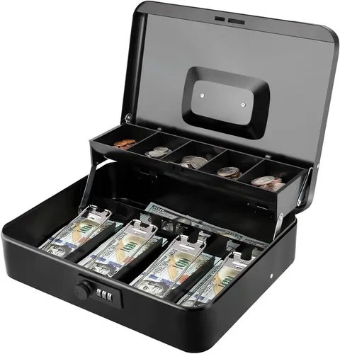 Jssmst Caja grande de metal con cerradura con bandeja de dinero, caja de dinero con cerradura de combinación, color negro Cerradura de combinación