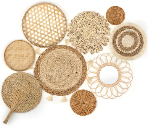 Unittype Paquete de 9 cestas de pared bohemias tejidas de mimbre para colgar redondas de ratán, decoración plana hecha a mano, rústica, bohemia para