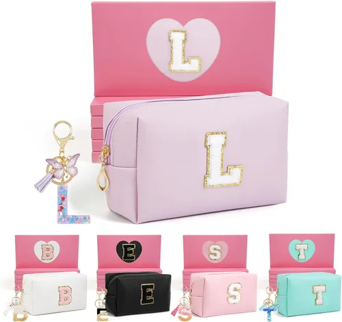 Miniatura 12 de AIBFRID 2 piezas de bolsas de maquillaje iniciales para mujeres, regalos de cumpleaños para niñas de 4 5 6 7 8 9 10 11 12 años, bolsas de cosméticos