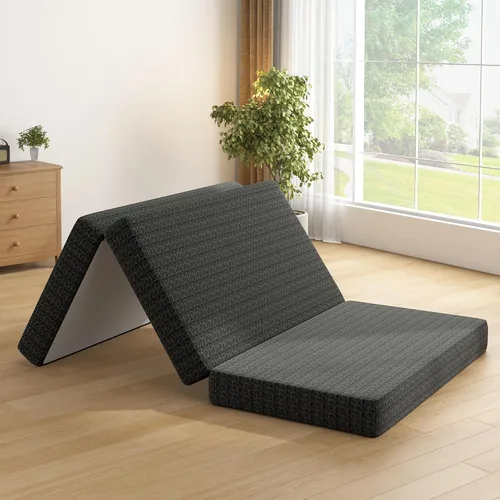 Colchón de espuma viscoelástica de tres pliegues, colchón portátil tamaño Queen de 4 pulgadas, tapete plegable para viajes, campamento y yoga, funda