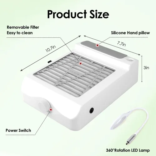 Miniatura 4 de Colector de polvo de uñas con lámpara-60W potente colector de polvo para uñas, velocidad ajustable NailFan colector de polvo con filtro reutilizable
