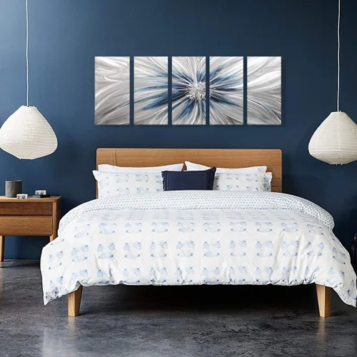 Miniatura 6 de RICHSPACE ARTS Arte moderno de pared de metal grande flor azul y plata escultura decoración con textura 3D juego de 5 piezas Azul y plateado