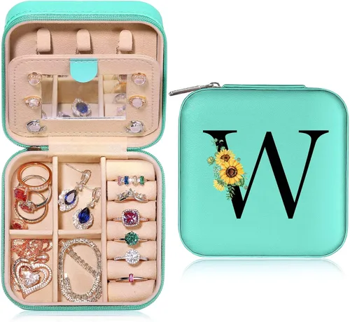 Joyero de viaje para niñas y mujeres, caja de joyería con inicial W para niñas, joyero pequeño de viaje, joyero de viaje, caja organizadora de