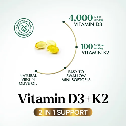 Miniatura 3 de Vitamina D3 K2 - Vitamina D3 4000 UI por cápsula blanda - Suplemento de vitamina D3 de alta potencia - Complejo 2 en 1 Vitamina D y vitamina K2