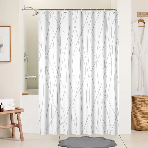 Miniatura 40 de Cortina de ducha pequeña a rayas gris claro degradado para baño, 36 x 72 pulgadas, juego de cortina de ducha geométrica para cabina de RV