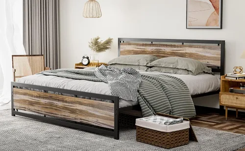 Miniatura 3 de IKIFLY Marco de cama de metal tamaño California King, plataforma industrial Cal King con cabecero de madera, soporte de listones de acero