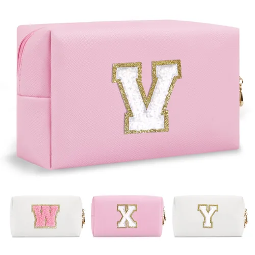 Miniatura 379 de Pequeña bolsa de maquillaje personalizada con inicial A-Z Preppy Patch, bolsa de cosméticos de viaje de felpilla blanca con cremallera, bonita bolsa