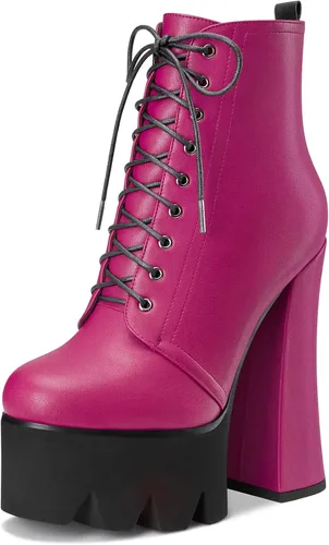 Miniatura 17 de HDEUOLM Botas de tobillo con tacón alto de bloque grueso para mujer, puntera redonda, botines cortos con cordones y cremallera, zapatos clásicos
