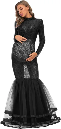 Miniatura 4 de ZIUMUDY Elegante vestido de maternidad transparente de encaje para sesión de fotos manga larga tul tutus vestido maxi de accesorios para fotos
