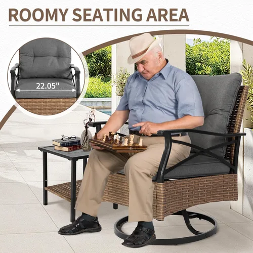 Miniatura 3 de HOMEFUN Juego de 3 piezas para patio giratorio para exteriores, juego de mimbre con mecedoras de 360°, cojines gruesos y fundas extraíbles, mesa