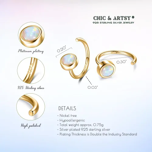 Miniatura 4 de Aretes de aro de plata de ley 925 con piedras preciosas sintéticas, ópalo, turquesa, piedra lunar, circonita cúbica, para mujer, diseño minimalista