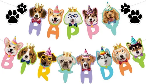 TSJ Cartel de cumpleaños de perro de feliz cumpleaños, decoración de banderines para fiesta de cumpleaños, baby shower Banner de feliz cumpleaños de
