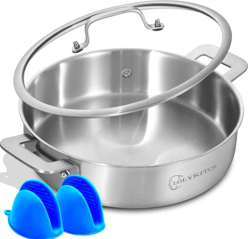 Miniatura 10 de LOLYKITCH Sartenes de acero inoxidable de tres capas de 8.5 a 10 pulgadas y sartén para saltear de 12 pulgadas con tapa, juego de utensilios