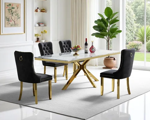 Miniatura 10 de Juego de mesa de comedor de mármol para 6, mesa de cocina rectangular de mármol blanco de 70 pulgadas con patas en X de acero inoxidable dorado