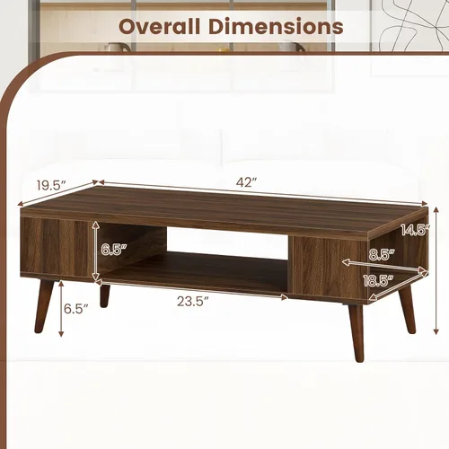 Miniatura 2 de Giantex Mesa auxiliar moderna de mediados de siglo, mesa central rectangular de 42 pulgadas con 2 estantes de almacenamiento y compartimento