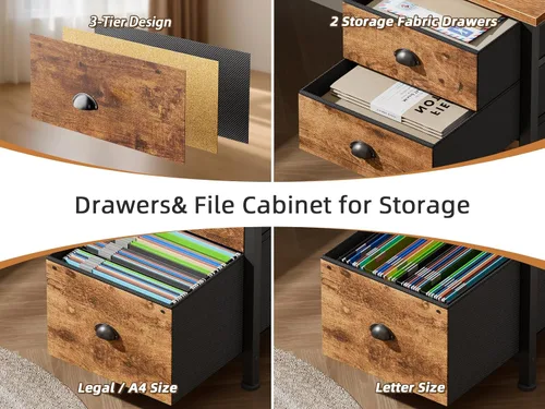 Miniatura 5 de Furologee 63" L Shaped Computer Desk with Power Outlet & USB-C Port, Reversible Home Office Desk with 2 Fabric Drawers, File Cabinet, Hooks, Large