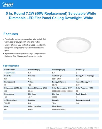 Miniatura 5 de Feit Electric LED Ceiling Downlight, Dimmable Flat Panel Ceiling Light with Color Selection (5CCT), TP24 Adapter Included