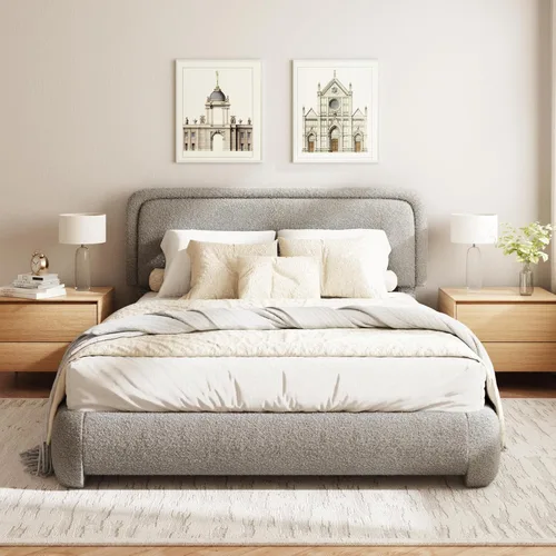 Miniatura 24 de Base de cama Boucle tamaño King, plataforma tapizada en nube con cabecero ajustable en altura y esquinas redondeadas suaves, no necesita somier, sin
