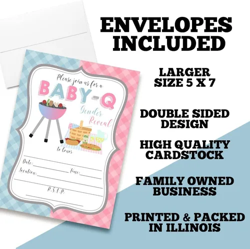 Miniatura 2 de Baby-Q BBQ Gender Reveal Invitaciones – 20 tarjetas temáticas de parrilla y picnic de 5 x 7 pulgadas con sobres, invitaciones de baby shower