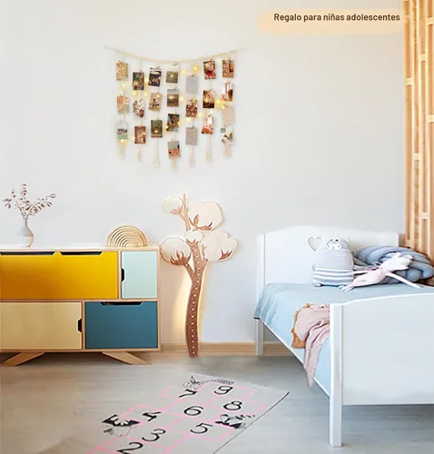 Miniatura 3 de Mkono - Expositor de fotos colgante de macramé para decoración de pared con luces de cadena, collar de cuentas de madera estilo boho, marco