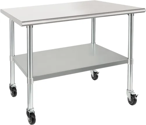 Miniatura 10 de HARDURA Mesa comercial de acero inoxidable para preparación y trabajo con ruedas, mesa de metal resistente con ruedas, NSF 430, 14 x 30 pulgadas