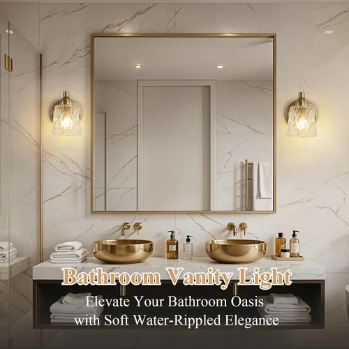 Miniatura 7 de Mecgirn Stainless Steel Bathroom Vanity Light Over Mirror, 1 Light Brushed Gold Bathroom Light Fixtures with Textured Glass Shades, Modern Vanity