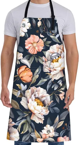 Miniatura 14 de Delantal floral de margaritas blancas para mujer, 28 x 33 pulgadas, delantales de cocina de primavera fresca con 2 bolsillos, tela Oxford, delantal