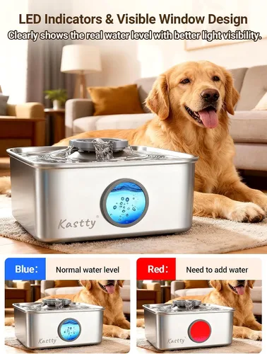 Miniatura 5 de Kastty Fuente de agua para perros de 15L/4 galones, fuente de agua grande de acero inoxidable para mascotas con luz LED de nivel de agua