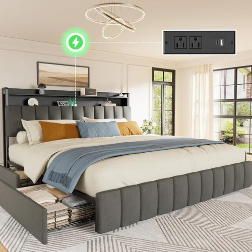 Miniatura 11 de PRAISUN Base de cama de tamaño matrimonial con cabecera tapizada y estación de carga, marco de cama de metal de tamaño matrimonial con 4 cajones