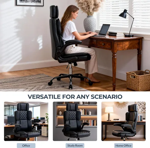 Miniatura 8 de Silla de oficina con reposacabezas ajustable, silla de escritorio ejecutiva de cuero para oficina en casa, con brazos abatibles y soporte lumbar