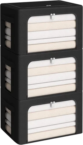 Miniatura 18 de Paquete de 3 cajas de almacenamiento con marco, bolsas de almacenamiento de ropa, tela Oxford, plegable, apilable, juego organizador con ventana