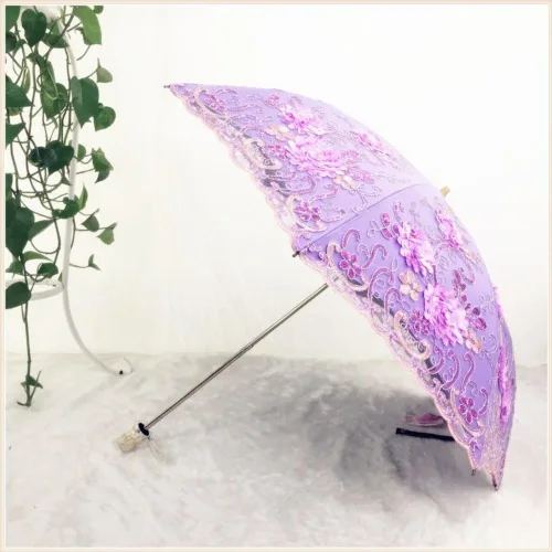 Miniatura 151 de Honeystore Sombrilla bordada con flor 3D plegable UV con encaje clásico