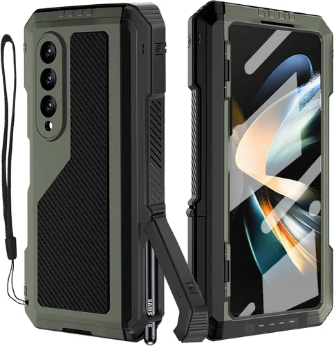 Miniatura 10 de Funda de metal para Samsung Galaxy Z Fold 4 con soporte para bolígrafo S, funda militar resistente Z Fold4 con protector de pantalla integrado, Negro