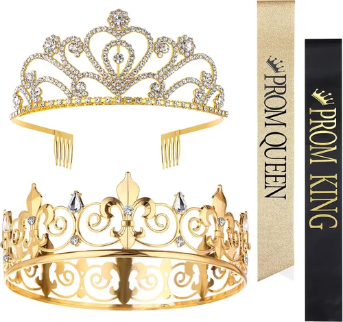 Miniatura 8 de Juego de 4 coronas de graduación King y Queen con fajas, coronas King para hombres, banda de satén brillante con diamantes de imitación, corona