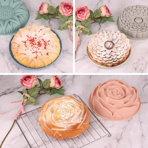 Miniatura 6 de Sakolla Juego de 3 moldes de silicona para pastel con forma de flor, moldes grandes redondos de silicona para hornear pasteles, panes, tartas