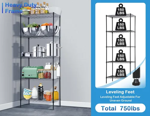 Miniatura 4 de Estantería de metal de 5 estantes, altura ajustable, estante de alambre comercial con patas niveladoras, capacidad de 150 libras por estante, 24 x