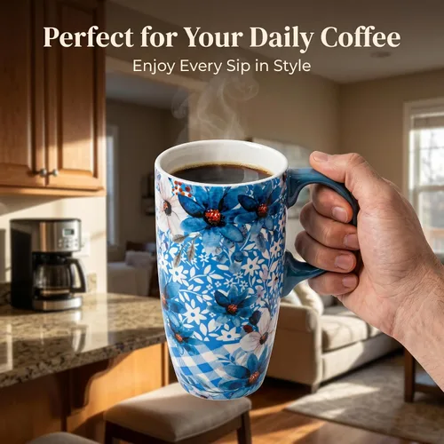 Miniatura 4 de DUSVALLY Taza de Café Alta de Cerámica, Juego de Tazas de Café para Amigos, Taza de Viaje con Tapa para Oficina y Hogar, Regalos Únicos para Mujeres