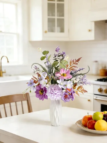 Miniatura 6 de Flores artificiales pequeñas de 11.8 pulgadas en jarrón de cerámica, centro de mesa de flores de seda púrpura para mesa de comedor, oficina, boda