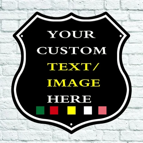 Letreros de metal personalizados con forma de escudo, letreros de estaño personalizados con imagen de texto, imagen, letreros de aluminio
