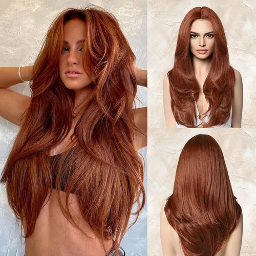 Miniatura 10 de LONAI Pelucas de color castaño ceniza para mujer, 24 pulgadas de largo, color marrón degradado, parte media, peluca de cabello sintético para uso