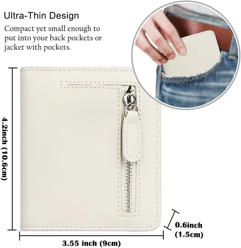 Miniatura 6 de Funtor Cartera de cuero para mujer, pequeña y compacta, con bolsillo doble, bloqueo RFID, para mujer