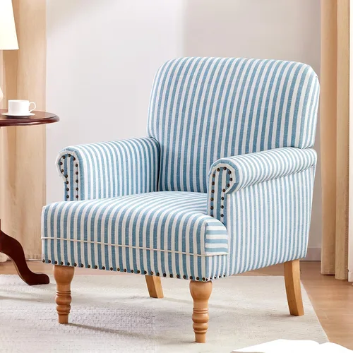 Miniatura 7 de HUIMO Silla decorativa de tela de lino, sillón moderno de mediados de siglo con patas de madera maciza, sillón individual, silla tapizada para club