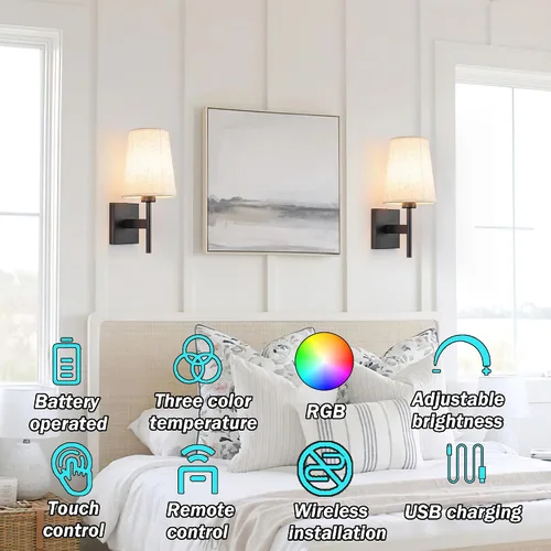 Miniatura 2 de YHCDLAMP Juego de dos apliques de pared que funcionan con pilas, luces de pared que funcionan con pilas con control remoto, lámpara de pared RGB