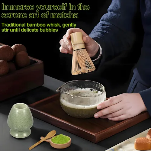 Miniatura 4 de Juego de 5 batidores de matcha, batidor de matcha, soporte de batidor de cerámica, cuchara y cuchara de bambú, tamiz de iniciación en polvo