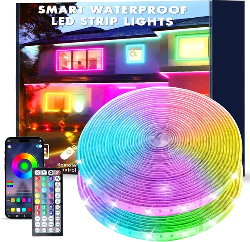 Tira de luces LED RGB para exteriores de 80 pies, luces LED de sincronización de música IP68 con control de aplicación y control remoto, luces LED