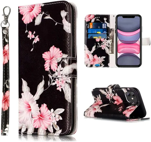 Funda tipo cartera compatible con iPhone 11, piel sintética de alta calidad con diseño floral [correa para muñeca] [ranuras para tarjetas/efectivo]